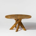 Table de salle à manger T21 de Pierre Chapo, plateau circulaire en orme massif à tranches assemblées, piétement en étoile à quatre pieds croisés en orme, design français vers 1960-1970