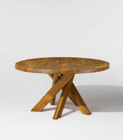 Table de salle à manger T21 de Pierre Chapo, plateau circulaire en orme massif à tranches assemblées, piétement en étoile à quatre pieds croisés en orme, design français vers 1960-1970
